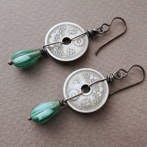 Japanese Coin Earrings Aqua Blue Glass image 3