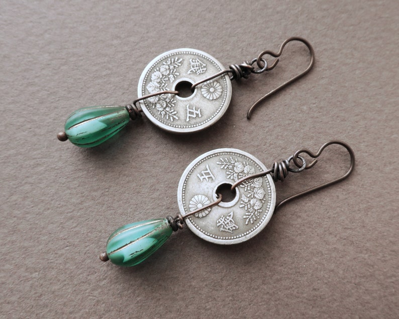 Japanese Coin Earrings Aqua Blue Glass image 3