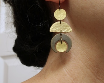 Crescent Moon Earrings Brass Geometric Earrings, Bronze Moons, Long Earrings, Boho Earrings