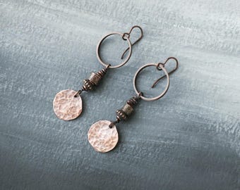 Hammered Copper Disc and Hoop Earrings: Rustic Boho Niobium Ear Wires