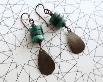 Dark Turquoise and Bronze Earrings Hammered Teardrop, Long Dangle Earrings, Boho Earrings, Niobium Ear Wires