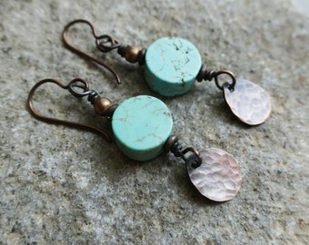 Turquoise and Copper Dangle Earrings Southwest Style, Hammered, Boho Earrings, Hypoallergenic