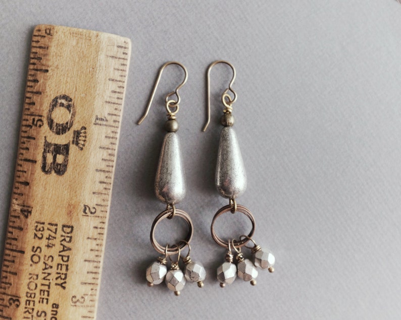 Silver Teardrop Earrings Czech Glass Antiqued Silver Earrings, Bling, Sparkle, Brass, Copper Mixed Metal image 2