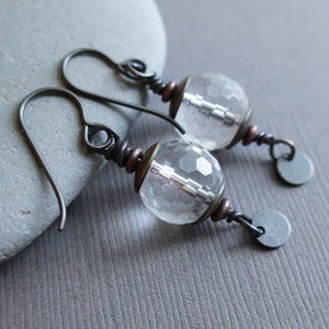 Quartz Crystal Earrings Faceted Crystal Ball, Bronze Copper, Rustic Boho Earrings, Small Earrings, Hypoallergenic image 3