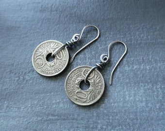 French Coin Earrings Coin Sterling Silver Dangle Earrings