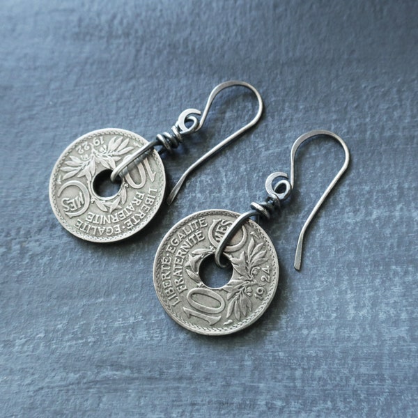 French Coin Earrings Coin Sterling Silver Dangle Earrings