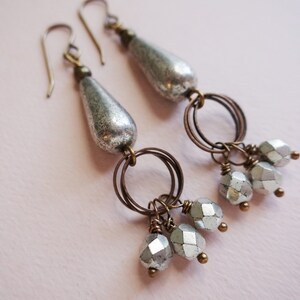 Silver Teardrop Earrings Czech Glass Antiqued Silver Earrings, Bling, Sparkle, Brass, Copper Mixed Metal image 4