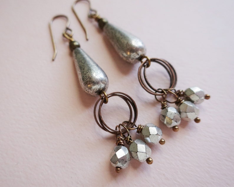 Silver Teardrop Earrings Czech Glass Antiqued Silver Earrings, Bling, Sparkle, Brass, Copper Mixed Metal image 4