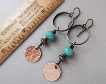 Hammered Copper Disc Earrings - Teal Glass Beads, Rustic Hoops, Southwest Style, Bohemian Long Earrings, Hypoallergenic Niobium Ear Wires