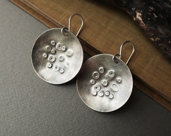 Sterling Silver Disc Earrings Artisan Earrings Hand Stamped, Modern Ethnic Silver Rustic Jewelry