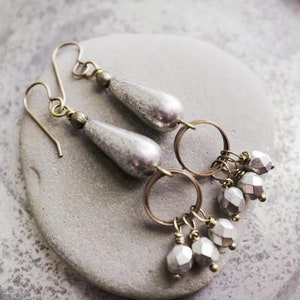 Silver Teardrop Earrings Czech Glass Antiqued Silver Earrings, Bling, Sparkle, Brass, Copper Mixed Metal image 3