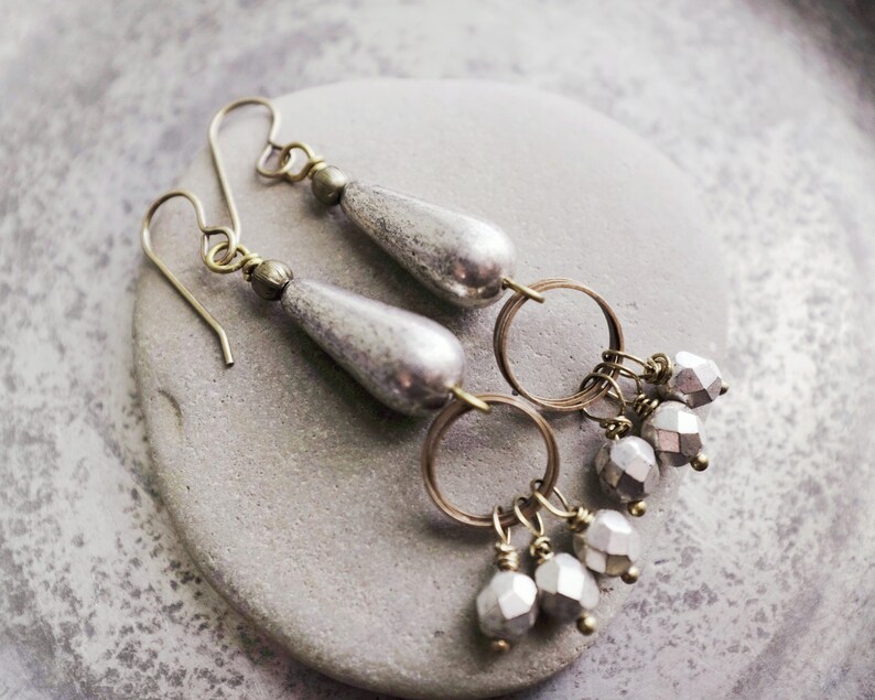 Silver Teardrop Earrings Czech Glass Antiqued Silver Earrings, Bling, Sparkle, Brass, Copper Mixed Metal image 3