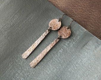 Long Copper Bar Earrings Hammered Copper Discs, Bohemian Earrings, Artisan Jewelry