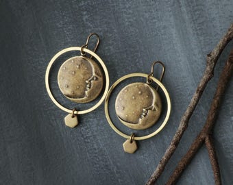 Brass Moon and Hoop Earrings: Celestial Boho Style