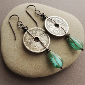 Japanese Coin Earrings Aqua Blue Glass image 1