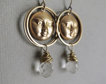 Brass Moon Face and Crystal Teardrop Earrings Gold Boho Earrings, Celestial, Quartz Crystal