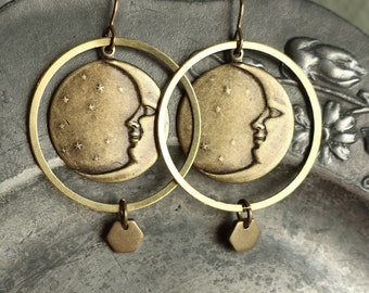 Brass Moon and Hoop Earrings Moon and Stars 90's Celestial, Moon Face, Gold Boho Earrings, Large Earrings