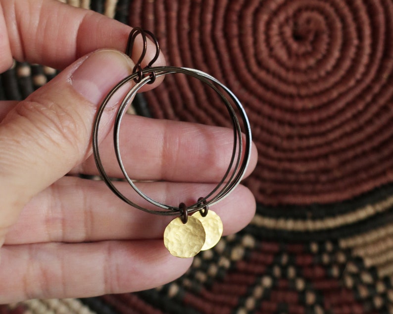 Brass Disc and Bronze Hoop Earrings Hammered Raw Brass, Boho Earrings image 4