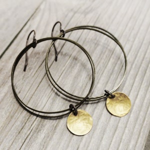 Brass Disc and Bronze Hoop Earrings Hammered Raw Brass, Boho Earrings image 6