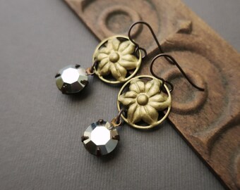 Brass Flower and Rhinestones, Sparkle, Gold Silver, Art Deco Earrings