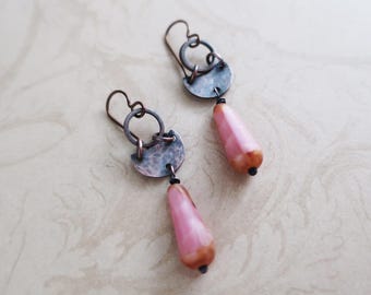 Hammered Copper Dangle Earrings: Pink Glass Teardrops, Niobium Wires