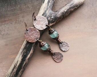 Chalcedony and Copper Earrings, Hammered Copper  Dangle Earrings: Hypoallergenic Niobium Wires