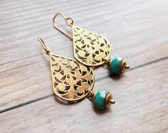 Brass Filigree Earrings Teal and Gold Brass Teardrop Earrings, Ornate Earrings, Arabesque Earrings