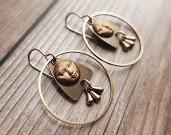 Moon Geometric Hoop Earrings Brass Earrings, Bronze, Gold, Moon Boho Earrings, Mixed Metal Earrings