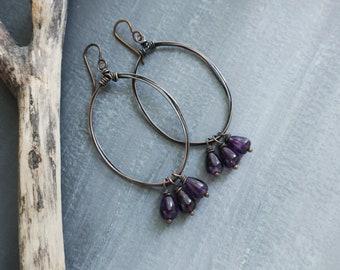 Amethyst Earrings Copper Hoop Earrings // Rustic Hoop Earrings //  Bohemian Earrings // Artisan Jewelry