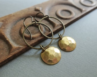 Bronze Hoop Earrings: Hammered Brass Discs, Hypoallergenic Niobium