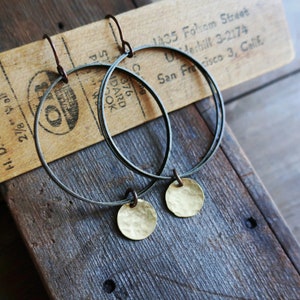 Brass Disc and Bronze Hoop Earrings Hammered Raw Brass, Boho Earrings image 3