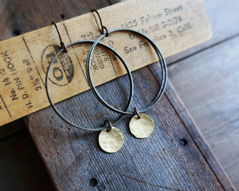 Brass Disc and Bronze Hoop Earrings Hammered Raw Brass, Boho Earrings image 3