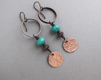 Copper Hoop & Disc Earrings Hammered Copper, Teal, Rustic Bohemian Ethnic Jewelry, Long Dangle Earrings