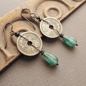 Japanese Coin Earrings Aqua Blue Glass image 5