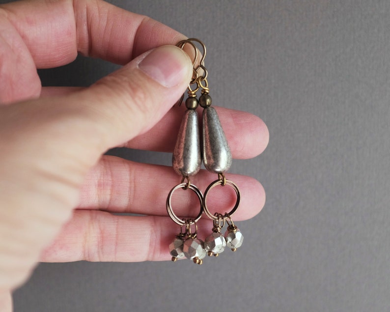 Silver Teardrop Earrings Czech Glass Antiqued Silver Earrings, Bling, Sparkle, Brass, Copper Mixed Metal image 5