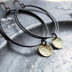Brass Disc and Bronze Hoop Earrings Hammered Raw Brass, Boho Earrings
