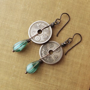 Japanese Coin Earrings Aqua Blue Glass image 2