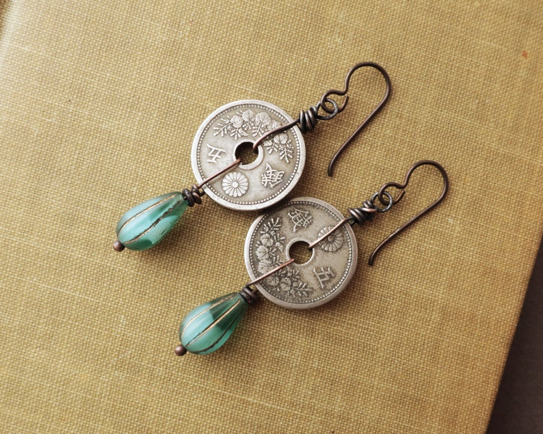 Japanese Coin Earrings Aqua Blue Glass image 2