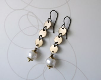 Brass and Pearl Earrings Gold Dangle Earrings White Pearl, Long Earrings, Hypoallergenic, Sensitive Ears