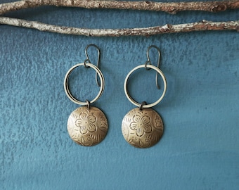 Etched Bronze Flower Earrings: Bohemian Niobium Hoops