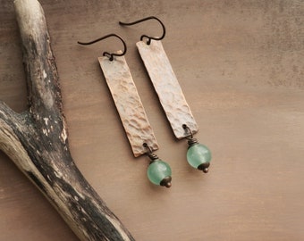 Copper Hammered Earrings Aqua Chalcedony Gemstone, Artisan Earrings, Rustic Jewelry, Rectangle Bar, Handcrafted Earrings, Hypoallergenic