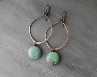 Turquoise and Copper Hammered Hoop Earrings