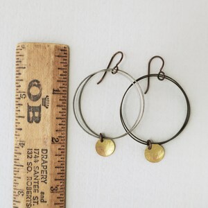 Brass Disc and Bronze Hoop Earrings Hammered Raw Brass, Boho Earrings image 5