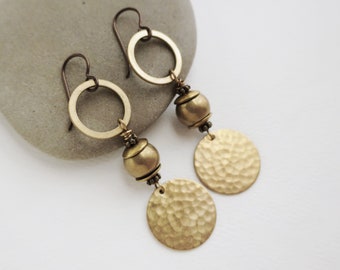 Brass Hammered Disc Earrings Brass Hoops, Artisan Handcrafted Earrings, Boho Earrings, Ethnic, Long Dangle Earrings