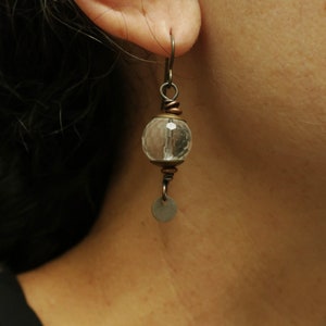 Quartz Crystal Earrings Faceted Crystal Ball, Bronze Copper, Rustic Boho Earrings, Small Earrings, Hypoallergenic image 7