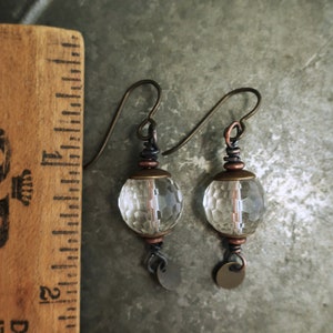 Quartz Crystal Earrings Faceted Crystal Ball, Bronze Copper, Rustic Boho Earrings, Small Earrings, Hypoallergenic image 6