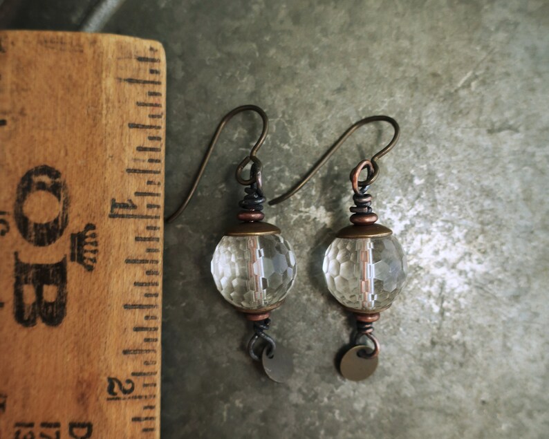 Quartz Crystal Earrings Faceted Crystal Ball, Bronze Copper, Rustic Boho Earrings, Small Earrings, Hypoallergenic image 6