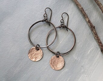 Copper Hoop Earrings Hammered Disc, Handcrafted Earrings