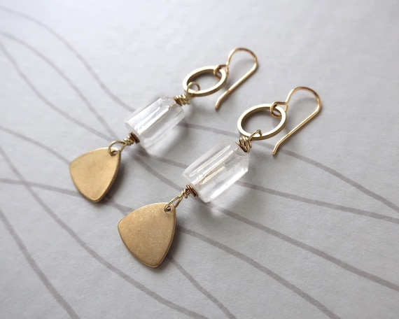 Quartz Crystal Earrings, Brass Geometric Dangle Modern Artistic Earrings, Long Earrings, 14K Gold Plated Ear Wires