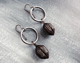 Copper Filigree Earrings Hoop Dangle Ornate Hollow Beads, Hypoallergenic Niobium Ear Wires